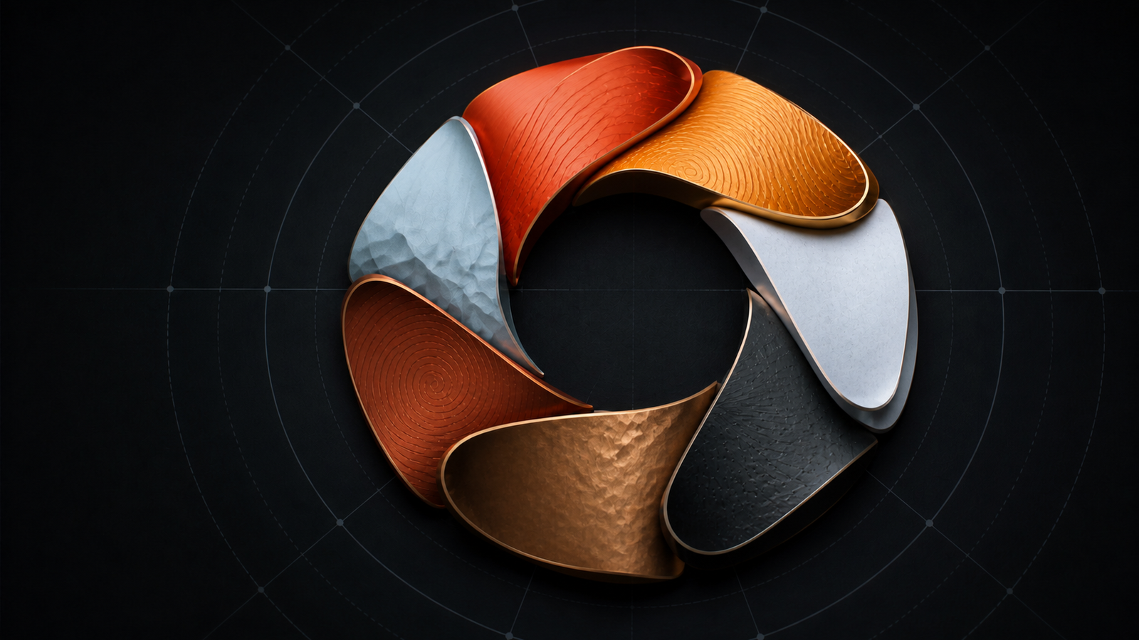 Escultura circular composta por sete fitas conectadas em laranja, azul-gelo, carvão e bronze sobre grid radial.